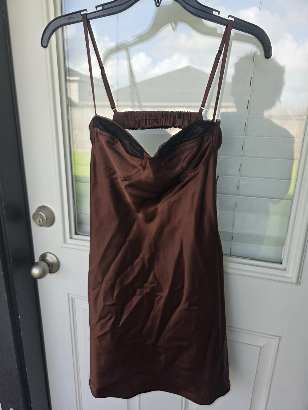 Seni & Cade Slip Dress Women XS Brown Satin Lace Trim Mini Night Out NWT Y2k - Picture 3 of 12